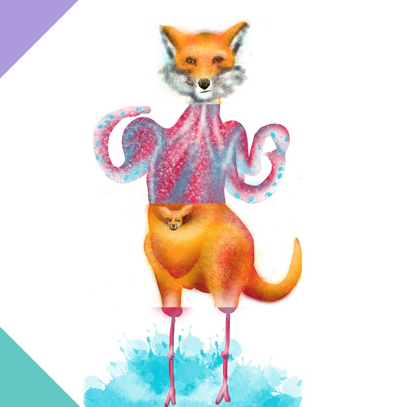 an animal with a fox head, octopus arms, kangaroo body and flamingo legs